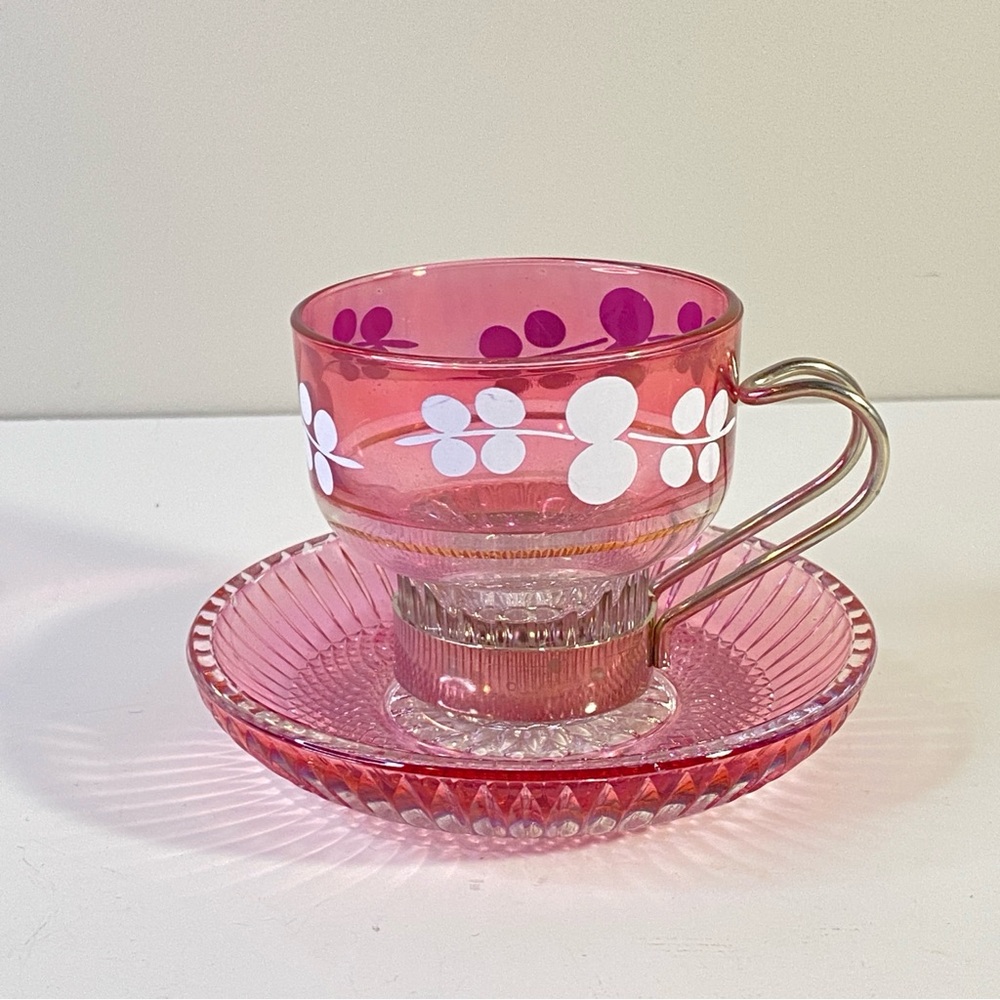 Vintage Pink Glass Cup & Ruby-Stained Diamond-Point Saucer With Metal Handle